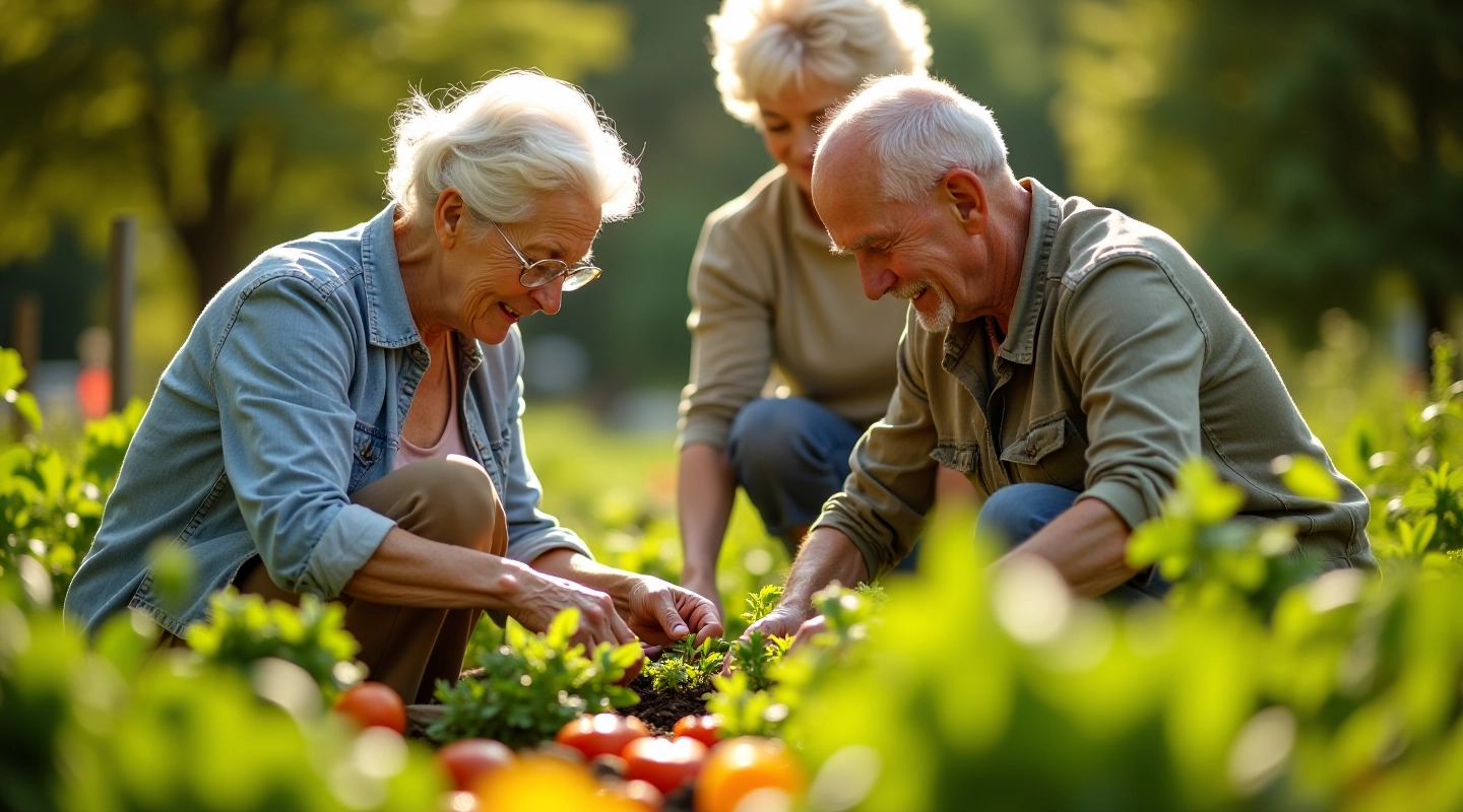 Seniori kopā dārzā audzē dārzeņus un augsnes