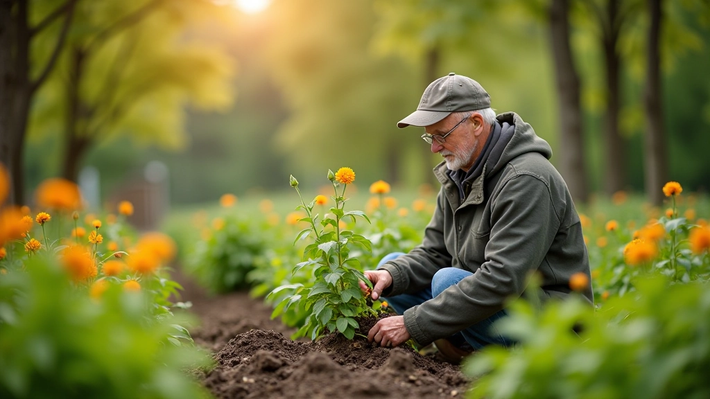 Rudens dārzs ar nogatavošanās tomātiem un dārzeņiem